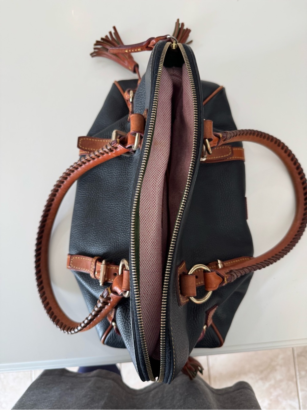 Dooney & Bourke Black Pebbled Leather Satchel with Brown Trim and Brass Hardware - Picture 8 of 11